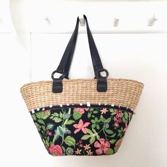 Vera Bradley Botanica Print Beach Tote Natural Woven Straw Sea Shell Bead Cruise - Picture 1 of 14